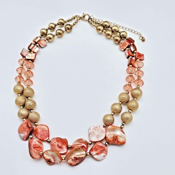 Mother Of Pearl Necklace Coral Double Strand Gold Tone Colorful Statement - Picture 7 of 9